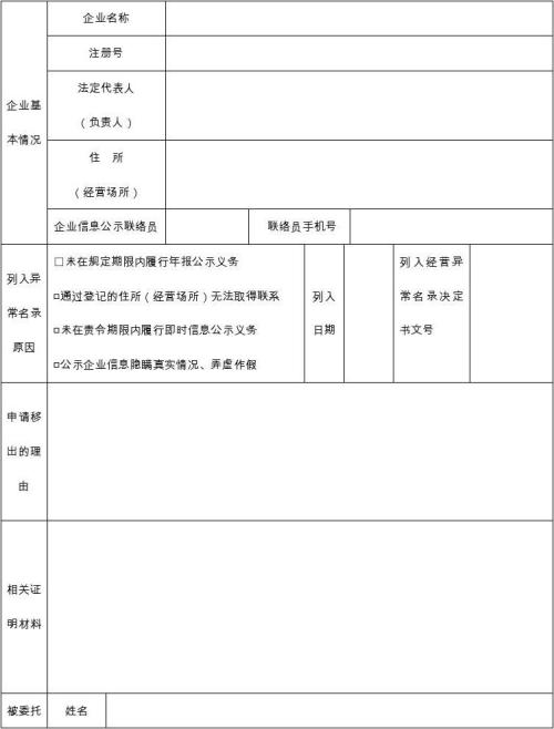 郑州市移出经营异常名录申请表