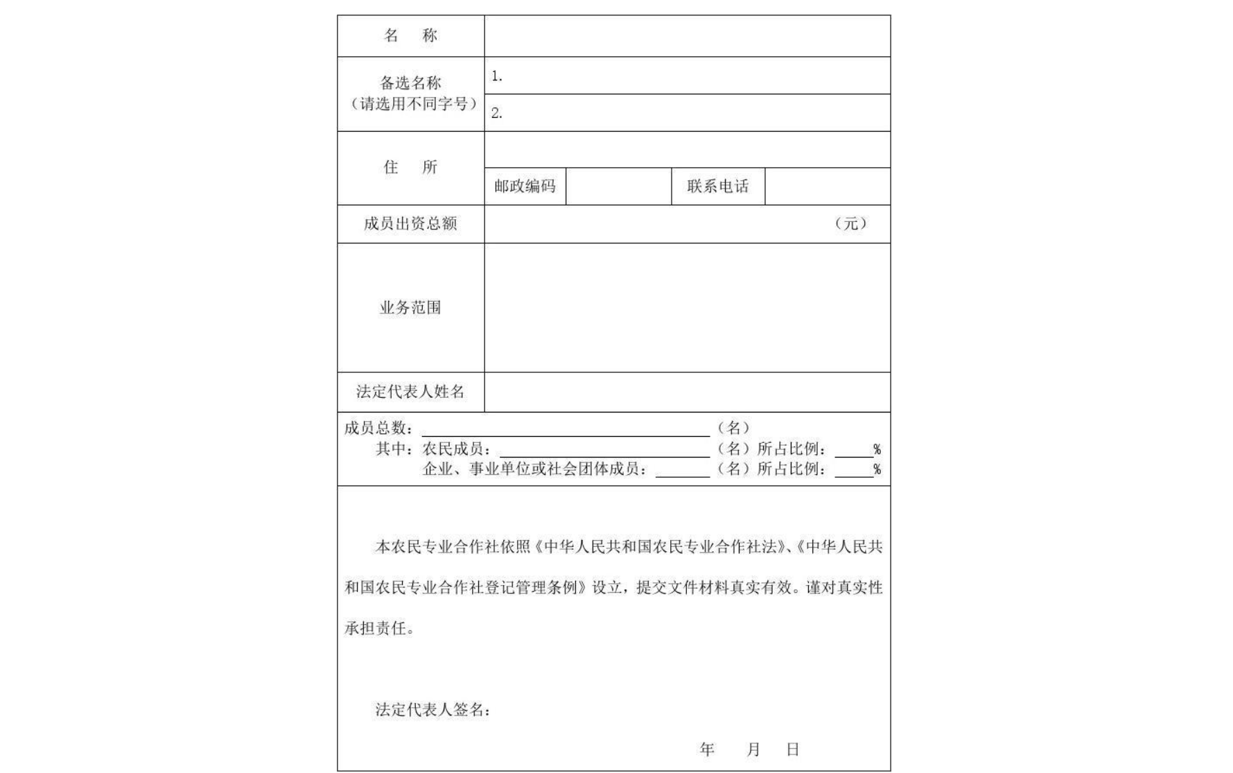 郑州农民专业合作社设立登记表模板